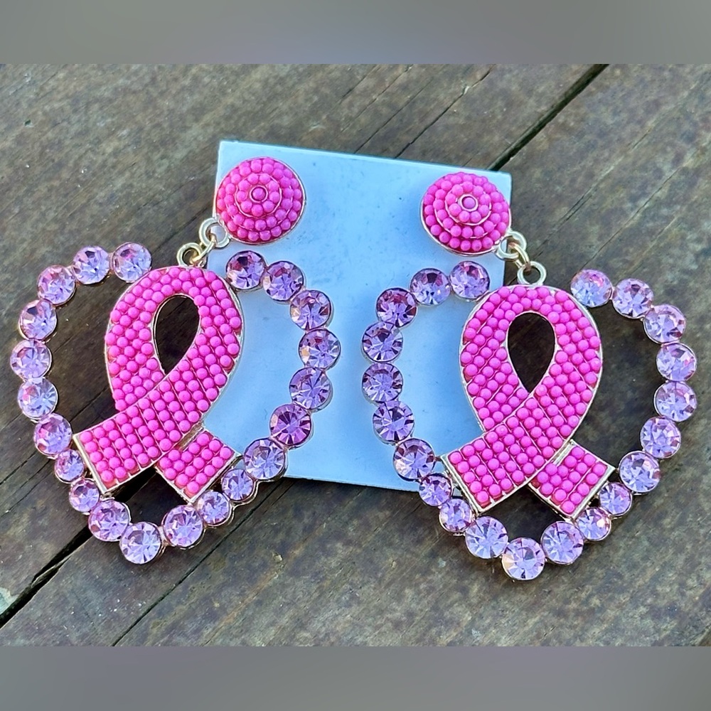 Pink Ribbon Crystal Heart Drop Earrings - Breast Cancer Awareness